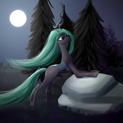 Size: 2000x2000 | Tagged: dead source, safe, artist:twobestfriendsstudio, queen chrysalis, changeling, changeling queen, pony, g4, female, forest, high res, moon, night, rock, solo, tree