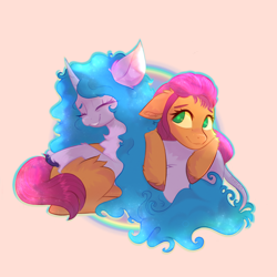 Size: 3500x3500 | Tagged: safe, artist:nyota71, izzy moonbow, sunny starscout, earth pony, pony, unicorn, g5, my little pony: a new generation, spoiler:my little pony: a new generation, chest fluff, cuddling, ear fluff, female, floppy ears, high res, laughing, leonine tail, lesbian, rainbow, ship:moonscout, shipping, smiling, tail