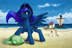 Size: 1600x1068 | Tagged: safe, artist:sa1ntmax, pipsqueak, princess luna, tank, alicorn, earth pony, pony, g4, beach, boat, colt, female, hat, male, ocean, pirate, shovel, water