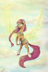 Size: 2500x3692 | Tagged: safe, artist:kamikami1234, sunny starscout, alicorn, pony, g5, my little pony: a new generation, spoiler:my little pony: a new generation, alicornified, artificial wings, augmented, female, glowing, glowing horn, glowing wings, high res, horn, magic, magic horn, magic wings, race swap, solo, sunnycorn, wings
