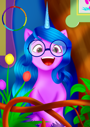 Size: 2480x3508 | Tagged: safe, artist:leonkay, izzy moonbow, pony, unicorn, g5, my little pony: a new generation, spoiler:my little pony: a new generation, fit right in (g5), glasses, high res, open mouth, open smile, scene interpretation, smiling, solo
