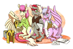 Size: 1772x1181 | Tagged: safe, artist:inuhoshi-to-darkpen, oc, oc only, pegasus, pony, mouth hold, open mouth, painting, paper, pegasus oc, simple background, transparent background, trio