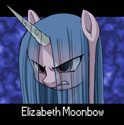 Size: 724x734 | Tagged: safe, artist:uotapo, izzy moonbow, pony, unicorn, g5, my little pony: a new generation, spoiler:g5, spoiler:my little pony: a new generation, alternate hairstyle, angry, creepypasta, eye clipping through hair, female, here we go again, izzy moodbow, izzymena moonbow, oh no, solo, text, this will end in cupcakes, this will end in death, this will end in tears, this will end in tears and/or death