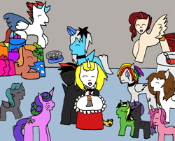 Size: 1238x1000 | Tagged: safe, artist:ask-luciavampire, oc, oc only, oc:arnold the pony, oc:cotton cloud "cheesela", oc:daisy daedal, oc:legend dream walker, oc:lucia nightblood, oc:prince solar eclipse, oc:terra, alicorn, earth pony, pegasus, pony, snake, unicorn, birthday party, candle, party, table, whooping snake