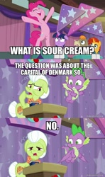 Size: 800x1350 | Tagged: safe, edit, edited screencap, screencap, cranky doodle donkey, granny smith, pinkie pie, spike, sunburst, twilight sparkle, a trivial pursuit, g4, season 9, caption, image macro, jellystone, text