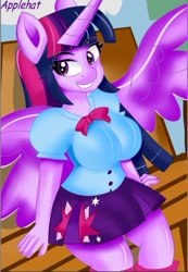 Size: 393x569 | Tagged: safe, artist:nanofam, twilight sparkle, alicorn, anthro, g4, bench, big breasts, breasts, busty twilight sparkle, clothes, equestria girls outfit, female, grin, smiling, solo, twilight sparkle (alicorn)