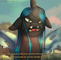 Size: 1077x1073 | Tagged: safe, artist:saltytangerine, queen chrysalis, changeling, changeling queen, g4, to where and back again, angry, caption, female, former queen chrysalis, revenge, scene interpretation, solo, text