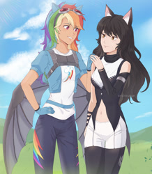 Size: 1024x1176 | Tagged: safe, artist:seshirukun, rainbow dash, human, fanfic:sapr, equestria girls, g4, anime, artificial wings, augmented, blake belladonna, catgirl, crossover, duo, duo female, eye clipping through hair, eyebrows, eyebrows visible through hair, faunus, female, grin, hand on hip, human coloration, humanized, looking at each other, looking at someone, rwby, signature, smiling, smiling at each other, wings