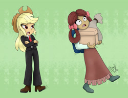 Size: 3300x2550 | Tagged: safe, artist:bageloftime, part of a set, applejack, yona, equestria girls, g4, ponies of dark water, applejerk, business suit, carrying, clothes, commission, donaldjack, duo, duo female, equestria girls-ified, female, foot tapping, high res, open mouth, red eyes, signature, struggling, suit