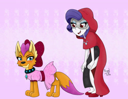 Size: 3300x2550 | Tagged: safe, artist:bageloftime, part of a set, rarity, smolder, dog, equestria girls, g4, ponies of dark water, annoyed, blushing, bow, cloak, clothes, collar, commission, cross-popping veins, doctor doomity, dogified, dress, duo, duo female, equestria girls-ified, female, frown, high res, hood, mask, open mouth, open smile, red eyes, signature, slit pupils, smiling, smolder the dog, species swap, tsundere