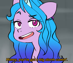 Size: 1761x1524 | Tagged: safe, artist:chub-wub, izzy moonbow, pony, unicorn, g5, my little pony: a new generation, spoiler:my little pony: a new generation, female, hilarious in hindsight, mare, meme, open mouth, ponified meme, solo, subtitles, winter storm izzy