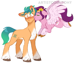 Size: 1163x994 | Tagged: safe, artist:artistcoolpony, hitch trailblazer, pipp petals, earth pony, pegasus, pony, g5, my little pony: a new generation, spoiler:g5, spoiler:my little pony: a new generation, adorapipp, blaze (coat marking), blushing, cheek kiss, chest fluff, coat markings, cute, ear blush, eyes closed, facial markings, female, floppy ears, flying, hitchbetes, kissing, male, mare, markings, ship:pitch, shipping, simple background, smiling, socks (coat markings), stallion, straight, transparent background, unshorn fetlocks