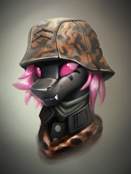 Size: 1500x2000 | Tagged: safe, artist:richmay, oc, oc only, changeling, equestria at war mod, bust, camouflage, changeling oc, clothes, female, german, helmet, markings, military, military uniform, pink changeling, solo, uniform, war, world war ii