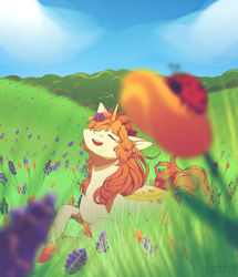 Size: 2575x3000 | Tagged: safe, artist:lindenlapot, oc, oc only, insect, ladybug, pony, unicorn, female, field, high res, meadow, solo