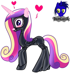 Size: 3840x4154 | Tagged: safe, alternate version, artist:damlanil, princess cadance, alicorn, pony, g4, bdsm, blushing, bondage, bondage mask, boots, bound wings, catsuit, clothes, collar, corset, female, floating heart, gag, gimp suit, heart, high heels, hood, horn, latex, latex boots, latex suit, looking at you, mare, muzzle gag, raised hoof, rubber, rubber suit, shiny, shiny mane, shoes, show accurate, simple background, socks, solo, thigh highs, transparent background, vector, wings