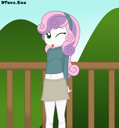 Size: 5598x6000 | Tagged: safe, artist:dtavs.exe, sweetie belle, equestria girls, g4, ;p, belly button, clothes, looking at you, mountain, one eye closed, skirt, sweater, tongue out, wink, winking at you