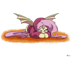 Size: 1280x1024 | Tagged: safe, artist:will-owl-the-wisp, fluttershy, bat pony, pony, g4, bat ponified, clothes, female, flutterbat, grumpy, hoodie, lying down, prone, race swap, simple background, solo, spread wings, white background, wings