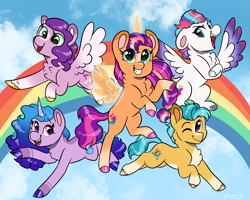 Size: 2557x2048 | Tagged: safe, artist:moccabliss, hitch trailblazer, izzy moonbow, pipp petals, sunny starscout, zipp storm, alicorn, earth pony, pegasus, pony, unicorn, g5, my little pony: a new generation, spoiler:my little pony: a new generation, alicornified, artificial wings, augmented, chest fluff, colored hooves, colored horn, colored wings, curved horn, cute, female, high res, horn, magic, magic horn, magic wings, majestic, male, mane five (g5), mare, princess sunny starscout, race swap, rainbow, stallion, sunnycorn, unshorn fetlocks, wings