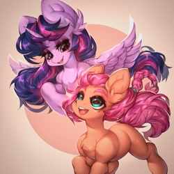 Size: 2048x2048 | Tagged: safe, artist:minekoo2, sunny starscout, twilight sparkle, alicorn, earth pony, pony, g4, g5, my little pony: a new generation, spoiler:my little pony: a new generation, chest fluff, ear fluff, flying, g4 to g5, high res, open mouth, sunny and her heroine, twilight sparkle (alicorn)