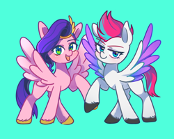 Size: 1500x1200 | Tagged: safe, artist:sion-ara, pipp petals, zipp storm, pegasus, pony, g5, my little pony: a new generation, spoiler:my little pony: a new generation, adorapipp, adorazipp, blue background, cute, duo, female, looking at you, mare, royal sisters (g5), siblings, simple background, sisters, spread wings, wings