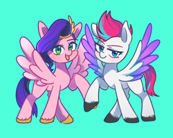 Size: 1500x1200 | Tagged: safe, artist:sion-ara, pipp petals, zipp storm, pegasus, pony, g5, my little pony: a new generation, adorapipp, adorazipp, blue background, cute, duo, female, looking at you, mare, royal sisters (g5), siblings, simple background, sisters, spread wings, wings