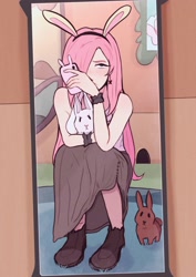 Size: 1810x2560 | Tagged: safe, artist:meliciamelano, angel bunny, fluttershy, human, rabbit, animal, blushing, bunny ears, clothes, detailed background, ear piercing, hair over one eye, humanized, long skirt, mirror, mirror selfie, phone, piercing, shy, skirt, solo, taking a photo