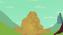 Size: 2655x1493 | Tagged: safe, artist:hitsuji, smile hd, cloud, explosion, meadow, rock