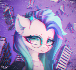 Size: 3258x3000 | Tagged: safe, artist:stahlkat, oc, oc only, pony, bust, chromatic aberration, ear fluff, error, female, glasses, glitch, hair accessory, high res, looking at you, portrait, round glasses, solo, three quarter view