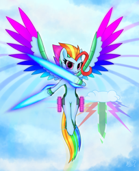 Size: 2013x2480 | Tagged: safe, alternate version, artist:questionmarkdragon, oc, oc only, oc:rainbow drift, pegasus, pony, energy sword, female, flying, high res, offspring, parent:oc, parent:rainbow dash, solo, weapon