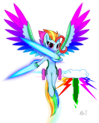 Size: 1959x2437 | Tagged: safe, alternate version, artist:questionmarkdragon, oc, oc only, oc:rainbow drift, pegasus, pony, energy sword, female, flying, offspring, parent:oc, parent:rainbow dash, simple background, solo, transparent background, weapon