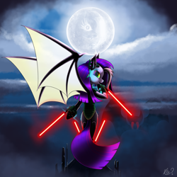 Size: 2483x2480 | Tagged: safe, alternate version, artist:questionmarkdragon, oc, oc only, oc:blazing night, bat pony, pony, energy sword, female, full moon, high res, lightsaber, moon, sith, solo, star wars, star wars: visions, weapon