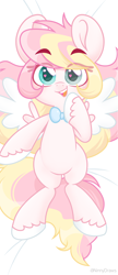 Size: 1170x2716 | Tagged: safe, artist:ninnydraws, oc, oc only, oc:ninny, pegasus, pony, bed, blushing, body pillow, body pillow design, bowtie, eyebrows, heart, heart eyes, looking at you, lying down, lying on bed, on back, on bed, solo, wingding eyes