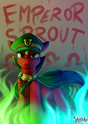 Size: 2894x4093 | Tagged: safe, artist:julunis14, sprout cloverleaf, earth pony, pony, g5, my little pony: a new generation, spoiler:g5, spoiler:my little pony: a new generation, emperor, emperor sprout, fire, graffiti, looking at you, magic, male, solo, stallion