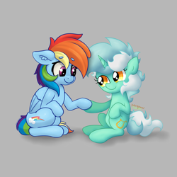 Size: 4000x4000 | Tagged: safe, artist:background basset, artist:yelowcrom, lyra heartstrings, rainbow dash, pegasus, pony, unicorn, g4, absurd resolution, cute, duo, ear fluff, eyebrows, eyebrows visible through hair, female, floppy ears, folded wings, gray background, holding hooves, horn, lesbian, lyradash, mare, multicolored hair, rainbow hair, shadow, shipping, simple background, sitting, tail, two toned mane, two toned tail, watermark, wings, yellow eyes