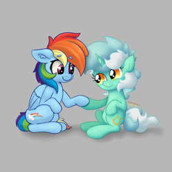 Size: 4000x4000 | Tagged: safe, artist:background basset, artist:yelowcrom, lyra heartstrings, rainbow dash, pegasus, pony, unicorn, g4, absurd resolution, cute, duo, ear fluff, eyebrows, eyebrows visible through hair, female, floppy ears, folded wings, gray background, holding hooves, horn, lesbian, mare, multicolored hair, rainbow hair, shadow, ship:lyradash, shipping, simple background, sitting, tail, two toned mane, two toned tail, watermark, wings, yellow eyes