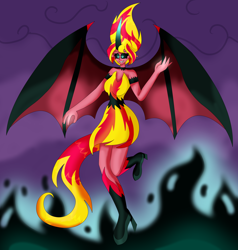 Size: 5760x6056 | Tagged: safe, artist:dazzlingmimi, sunset shimmer, demon, equestria girls, g4, evil smile, female, grin, horn, smiling, solo, sunset satan