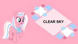 Size: 4400x2475 | Tagged: safe, artist:luckreza8, edit, editor:quoterific, clear sky, pony, unicorn, g4, board, female, high res, mare, open mouth, pink background, raised hoof, simple background, solo, text, wallpaper