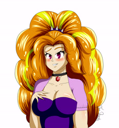 Size: 5530x5926 | Tagged: safe, artist:thedracks, part of a set, adagio dazzle, equestria girls, g4, big breasts, blushing, breasts, busty adagio dazzle, cleavage, clothes, female, gem, grin, hand on breasts, human coloration, looking at you, simple background, siren gem, smiling, solo, white background