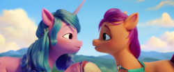 Size: 1920x797 | Tagged: safe, screencap, izzy moonbow, sunny starscout, pony, g5, my little pony: a new generation, spoiler:my little pony: a new generation, 3d, duo, female, friendship, looking at each other, mare, shipping fuel, smiling, smiling at each other