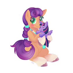 Size: 886x886 | Tagged: safe, artist:therainbowtroll, sunny starscout, twilight sparkle, alicorn, earth pony, pony, g5, my little pony: a new generation, spoiler:my little pony: a new generation, blushing, braided ponytail, cute, female, looking at you, mare, plushie, simple background, smiling, smiling at you, solo, sunnybetes, transparent background, twilight sparkle (alicorn), twilight sparkle plushie, unshorn fetlocks, weapons-grade cute