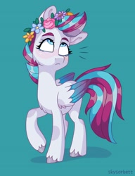 Size: 1571x2048 | Tagged: safe, artist:skysorbett, zipp storm, pegasus, pony, g5, my little pony: a new generation, spoiler:my little pony: a new generation, adorazipp, cheek fluff, chest fluff, cute, female, floral head wreath, flower, mare, simple background, solo, teal background