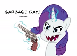 Size: 1893x1394 | Tagged: safe, artist:velgarn, rarity, pony, unicorn, g5, my little pony: a new generation, spoiler:my little pony: a new generation, darling, evil, evil laugh, evil rarity, female, garbage day, gun, handgun, laughing, levitation, magic, magic aura, mare, possessed, revolver, sharp teeth, silent night deadly night, simple background, solo, teeth, telekinesis, this will not end well, weapon, white background