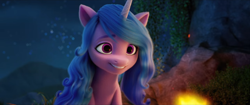 Size: 1366x572 | Tagged: safe, screencap, izzy moonbow, pony, unicorn, g5, my little pony: a new generation, spoiler:my little pony: a new generation, 3d, campfire, female, night, png, smiling, solo, wood fire