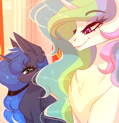 Size: 2784x2880 | Tagged: safe, artist:elektra-gertly, princess celestia, princess luna, alicorn, pony, g4, chest fluff, chest fluff envy, duo, ethereal mane, female, girl staring at guy's chest, heart eyes, high res, jealous, mare, meme, royal sisters, siblings, sisters, sitting, smiling, starry mane, wingding eyes