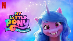 Size: 1280x720 | Tagged: safe, izzy moonbow, pony, unicorn, g5, my little pony: a new generation, official, spoiler:my little pony: a new generation, abstract background, female, mare, my little pony: a new generation logo, netflix, netflix logo, solo