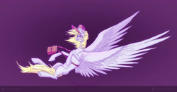 Size: 3000x1569 | Tagged: safe, artist:ajax, artist:ajaxorsomething, artist:willdrawhere, derpy hooves, pegasus, pony, g4, flying, food, muffin, post ponies, solo