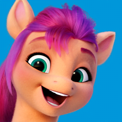 Size: 512x512 | Tagged: safe, sunny starscout, earth pony, pony, g5, my little pony: a new generation, official, spoiler:my little pony: a new generation, blue background, bust, female, icon, mare, open mouth, simple background, solo, stock render, uvula
