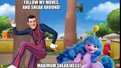 Size: 1276x720 | Tagged: safe, artist:dex stewart, edit, screencap, izzy moonbow, human, pony, unicorn, g5, my little pony: a new generation, 3d, ball, caption, image macro, izzy's tennis ball, lazytown, medium sneaky, meme, robbie rotten, tennis ball, text, we are number one