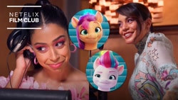 Size: 1280x720 | Tagged: safe, sunny starscout, zipp storm, earth pony, human, pegasus, g5, my little pony: a new generation, behind the scenes, female, irl, irl human, liza koshy, netflix, photo, thumbnail, vanessa hudgens