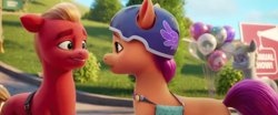 Size: 1920x802 | Tagged: safe, screencap, sprout cloverleaf, sunny starscout, earth pony, pony, g5, my little pony: a new generation, spoiler:my little pony: a new generation, 3d, female, looking at each other, looking at someone, male, mare, shipping fuel, stallion